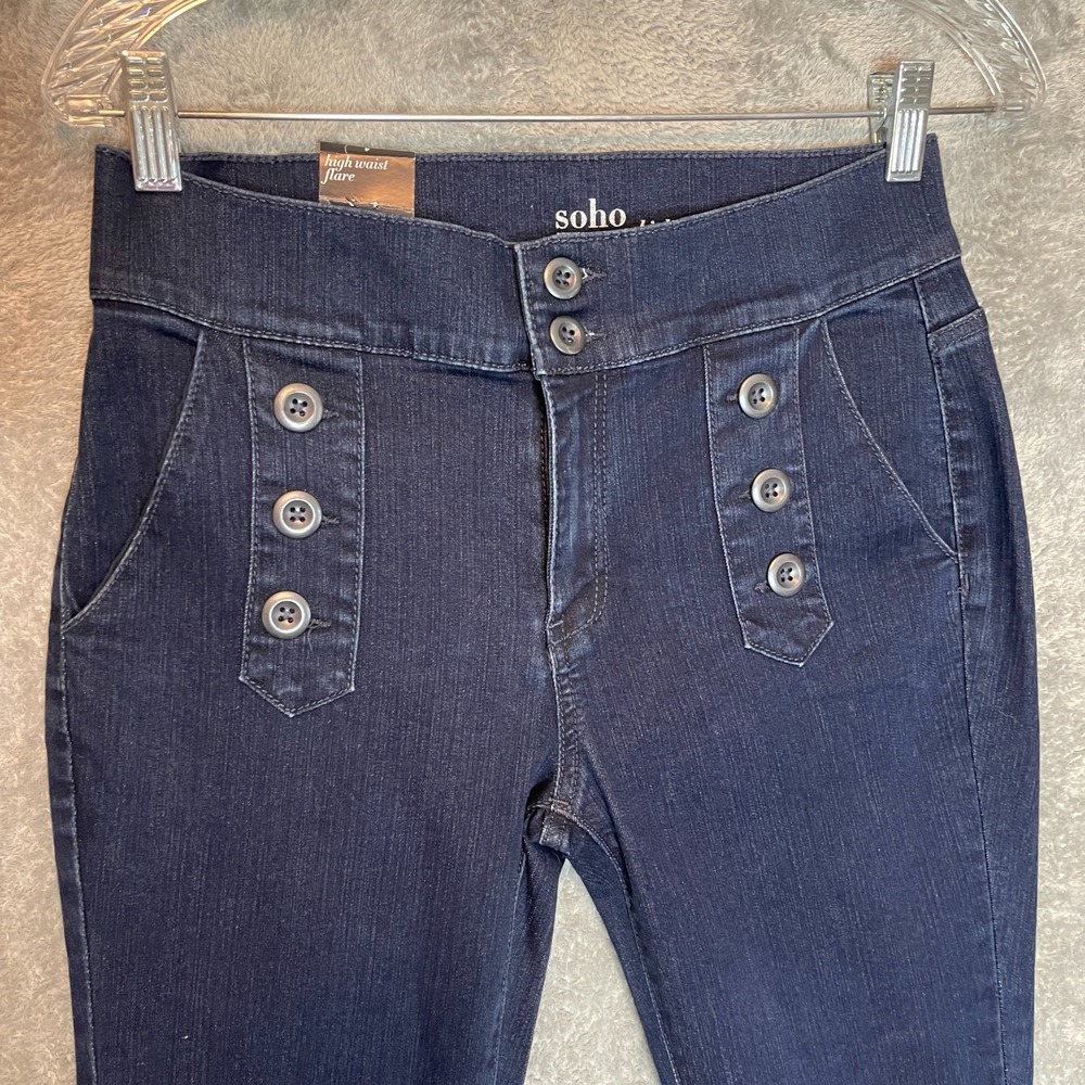 Soho Women High Waist Rise Flare Jeans 4 Sailor Front Nautical Retro Dark Wash
